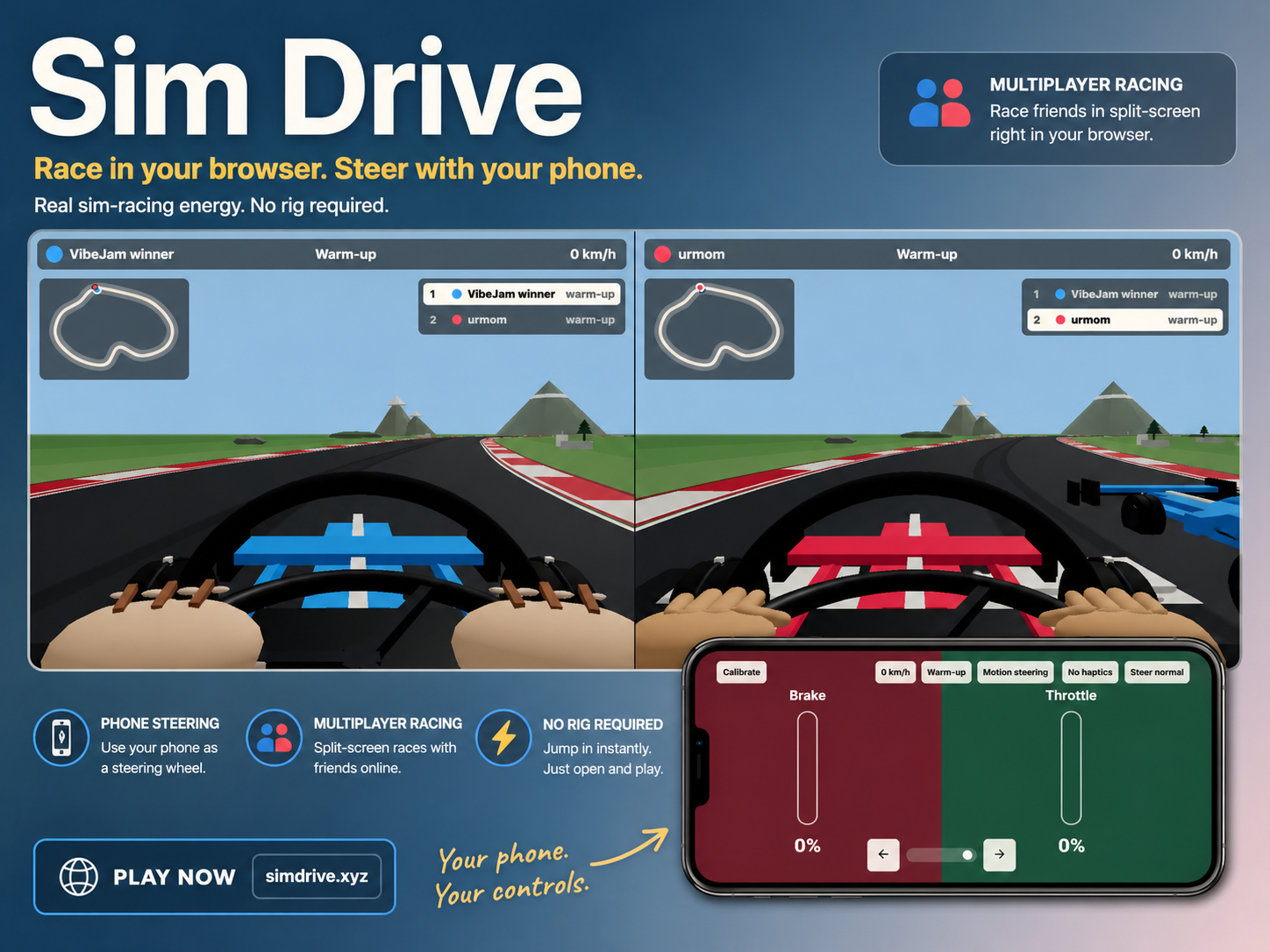Show HN: SimDrive – a browser racing game with your phone as the controller:D
